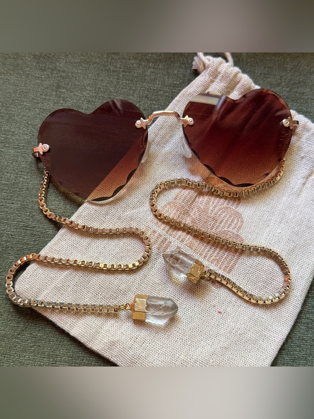 RARE Willows Heart Shaped Sunglasses with Gold Chain and Crystal Accents